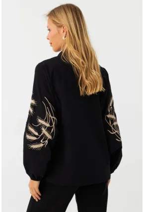 Kadın Siyah Nakışlı Balon Kol Gömlek MQS5603
