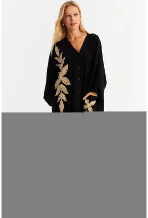 Kadın Siyah Nakışlı Cepli Maxi Elbise ALO13