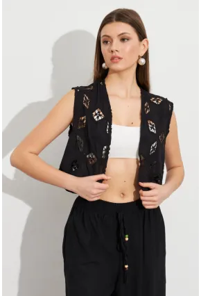 Kadın Siyah Nakışlı Crop Yelek ZH110