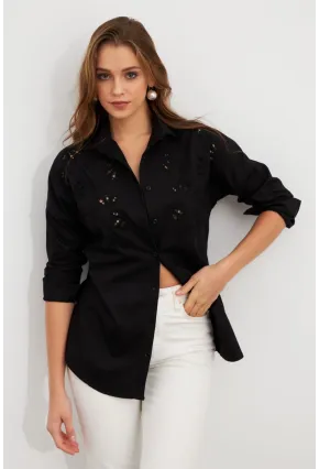 Kadın Siyah Nakışlı Gömlek DAF5017