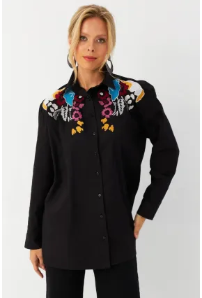 Kadın Siyah Nakışlı Gömlek MQS0063