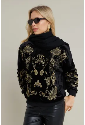 Kadın Siyah Nakışlı Kadife Sweatshirt MQS1229