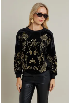 Kadın Siyah Nakışlı Kadife Sweatshirt MQS1229