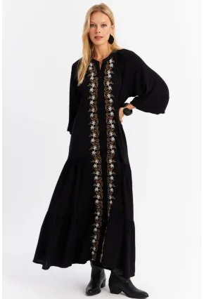 Kadın Siyah Nakışlı Volanlı Maxi Elbise MALO8