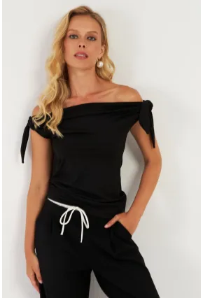 Kadın Siyah Omuz Bağlamalı Bluz EY2851