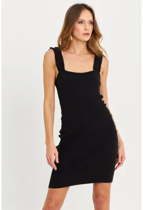 Kadın Siyah Omuz Bantlı Kaşkorse Mini Elbise URO203