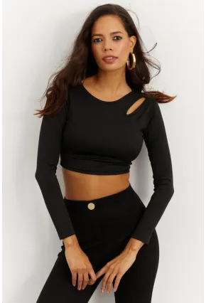 Kadın Siyah Omuz Pencereli Crop Bluz CG262