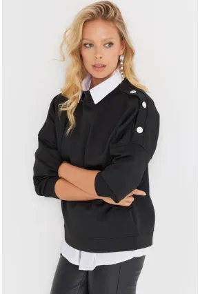 Kadın Siyah Omuz Taşlı Dalgıç Sweatshirt ST824