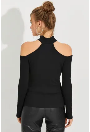 Kadın Siyah Omuzları Açık Kaşkorse Bluz EY2590