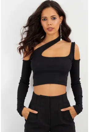 Kadın Siyah Omuzları Açık Kaşkorse Crop Bluz B1701