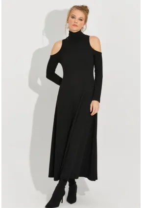 Kadın Siyah Omuzları Açık Maxi Elbise BK1712