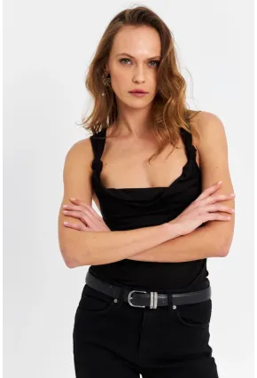 Kadın Siyah Omuzları Düğümlü Bluz EY3066