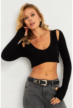Kadın Siyah Omuzları Pencereli Kaşkorse Crop Bluz B5024