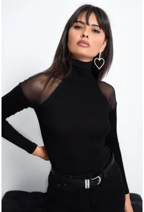 Kadın Siyah Omuzları Tül Bluz TZ2075