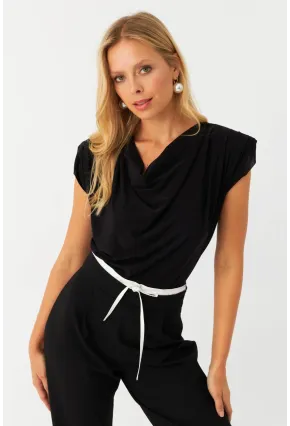 Kadın Siyah Omuzları Vatkalı Degaje Bluz ELT3234