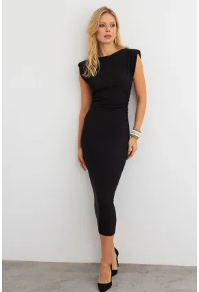 Kadın Siyah Omuzları Vatkalı Drape Maxi Elbise KED4252