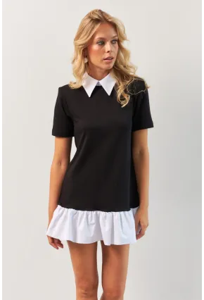 Kadın Siyah Omuzları Vatkalı Volanlı Mini Elbise KED4247