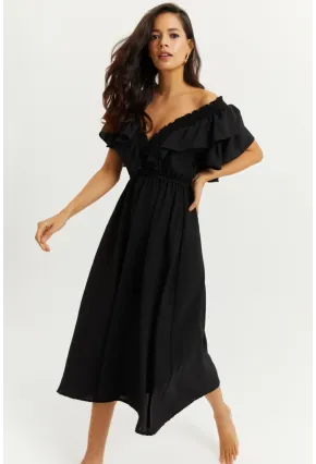 Kadın Siyah Ön Arka V Volanlı Elbise KS113