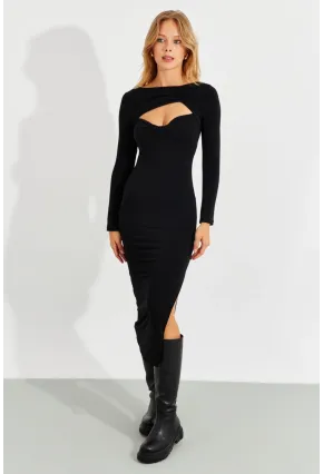 Kadın Siyah Önü Açık Yırtmaçlı Midi Elbise B225