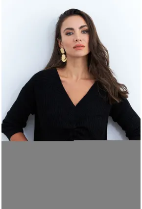 Kadın Siyah Önü Arka V Önü Büzgülü Kazak KAZ29