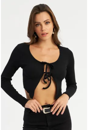 Kadın Siyah Önü Bağlamalı Kaşkorse Crop Bluz AYD381