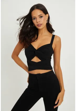 Kadın Siyah Önü Büzgülü Crop Bluz B189