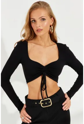 Kadın Siyah Önü Büzgülü Crop Bluz B3015