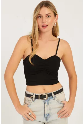 Kadın Siyah Önü Büzgülü Crop Bluz CG339