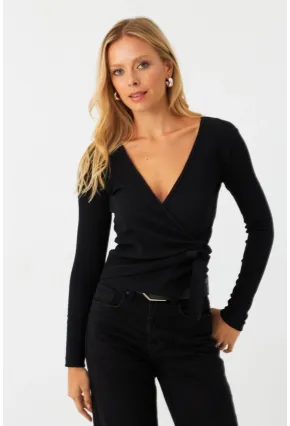 Kadın Siyah Önü Büzülebilir Kruvaze Kaşkorse Bluz EY2998