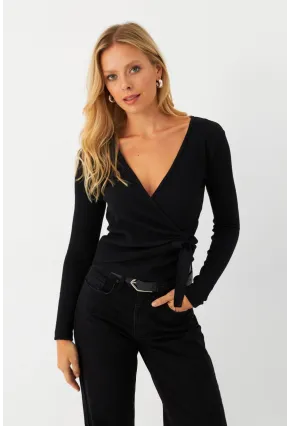 Kadın Siyah Önü Büzülebilir Kruvaze Kaşkorse Bluz EY2998