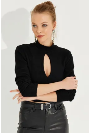 Kadın Siyah Önü Damla Crop Bluz LPP1243