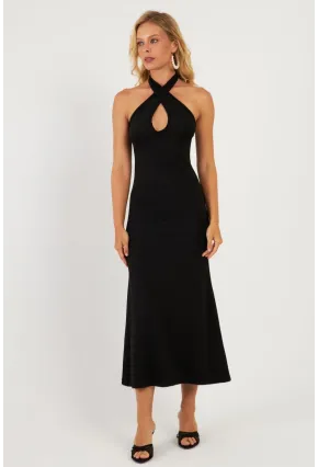 Kadın Siyah Önü Damla Midi Elbise EY2847