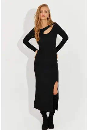 Kadın Siyah Önü Damla Yırtmaçlı Midi Elbise RMZ1002