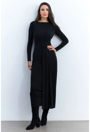 Kadın Siyah Önü Drapeli Maxi Elbise SHR5