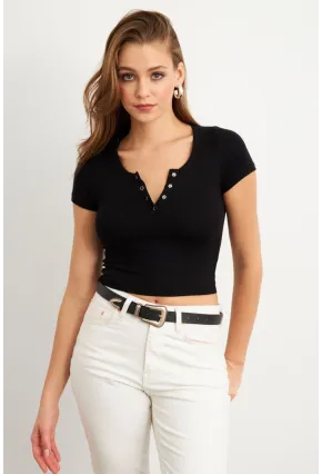 Kadın Siyah Önü Düğmeli Basic T-Shirt TOP07