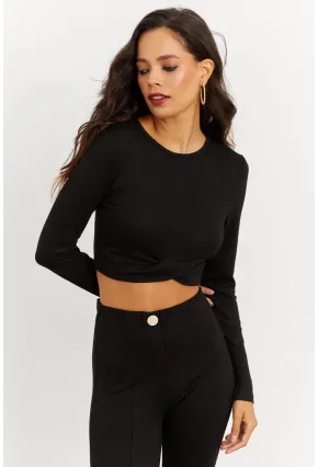 Kadın Siyah Önü Düğümlü Kısa Bluz B1877