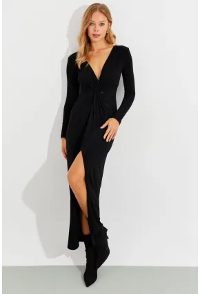 Kadın Siyah Önü Düğümlü Maxi Elbise BK1708