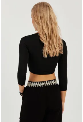 Kadın Siyah Önü Halkalı Crop Bluz EY2737