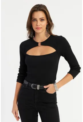 Kadın Siyah Önü Halkalı Pencereli Kaşkorse Bluz AYD382