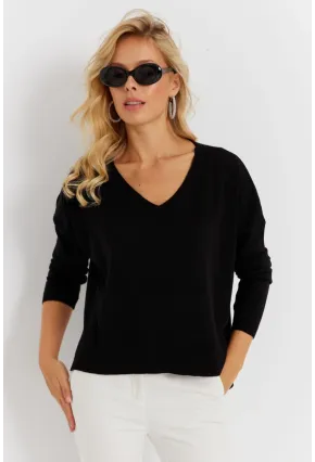 Kadın Siyah Önü Kısa Triko Kazak YİL551