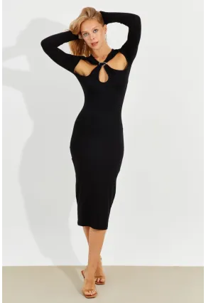 Kadın Siyah Önü Pencereli Midi Elbise B226