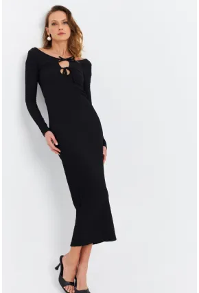 Kadın Siyah Önü Pencereli Midi  Elbise ZH09