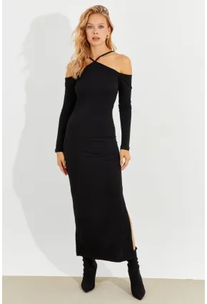 Kadın Siyah Önü Pencereli Yırtmaçlı Maxi Elbise MEN2012