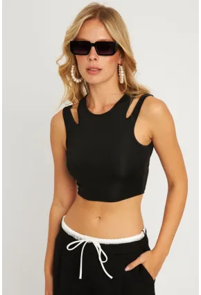 Kadın Siyah Pencereli Crop Bluz CG356