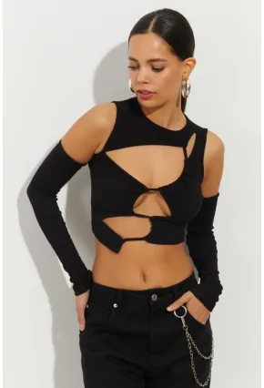 Kadın Siyah Pencereli Kaşkorse Crop Bluz B2403