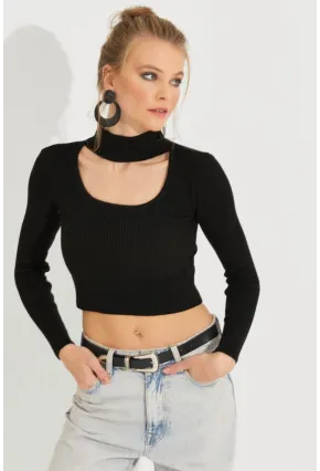Kadın Siyah Pencereli Triko Crop Bluz EA230012