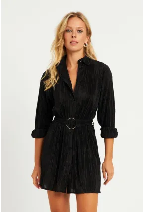 Kadın Siyah Piliseli Kemerli Mini Elbise TW70124-90