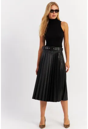 Kadın Siyah Plili Suni Deri Kemerli Mini Etek ELA200066