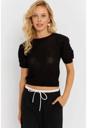 Kadın Siyah Pointelle Triko Bluz KZ3197
