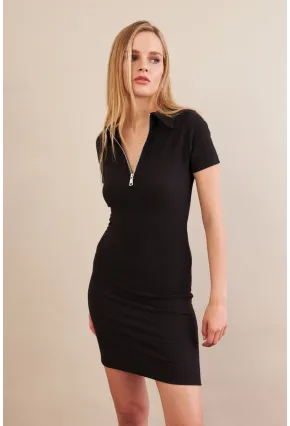 Kadın Siyah Polo Yaka Fermuarlı Mini Elbise MOD1994